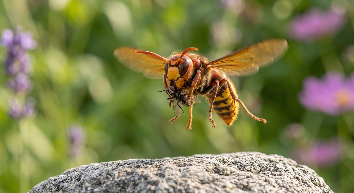 Szerszeń europejski jako drapieżnik - naturalna walka ze szkodnikami. Szerszeń europejski trzymający w mandibulach złapaną muchę w ogrodzie.