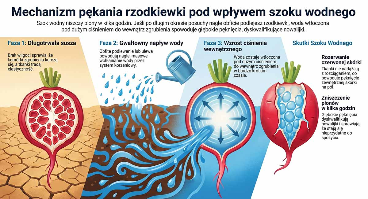 Mechanizm pękania rzodkiewki pod wpływem szoku wodnego Grafika obrazująca rozwój rzodkiewki podczas suszy (skurczone komórki), a następnie gwałtowny napływ dużej ilości wody (np. z ulewy), który powoduje ciśnienie wewnątrz zgrubienia i rozerwanie zewnętrznej czerwonej skórki na pół.