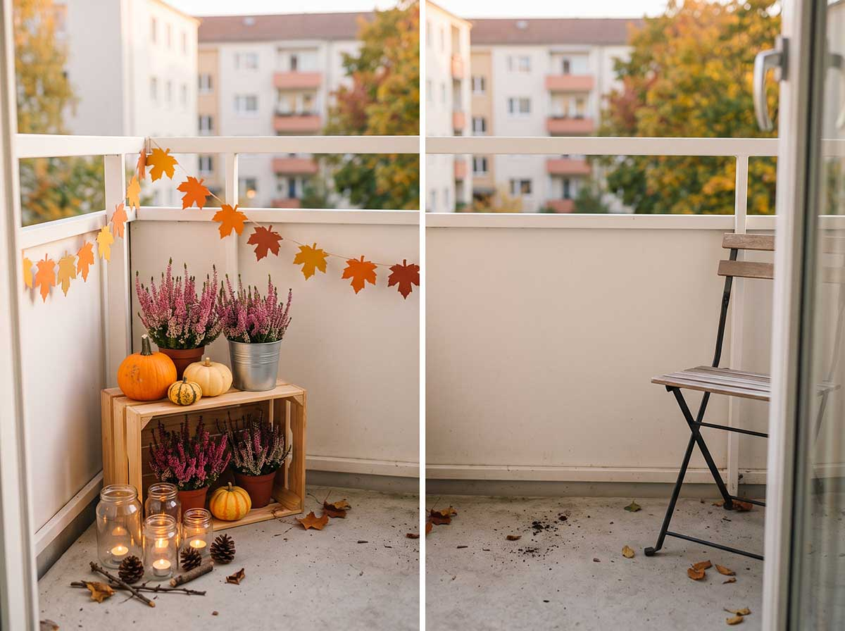 Jesienny balkon za mniej niż 100 zł: dynie, wrzosy i słoiki z lampkami LED Tani jesienny balkon z dyniami i wrzosami do 100 zł