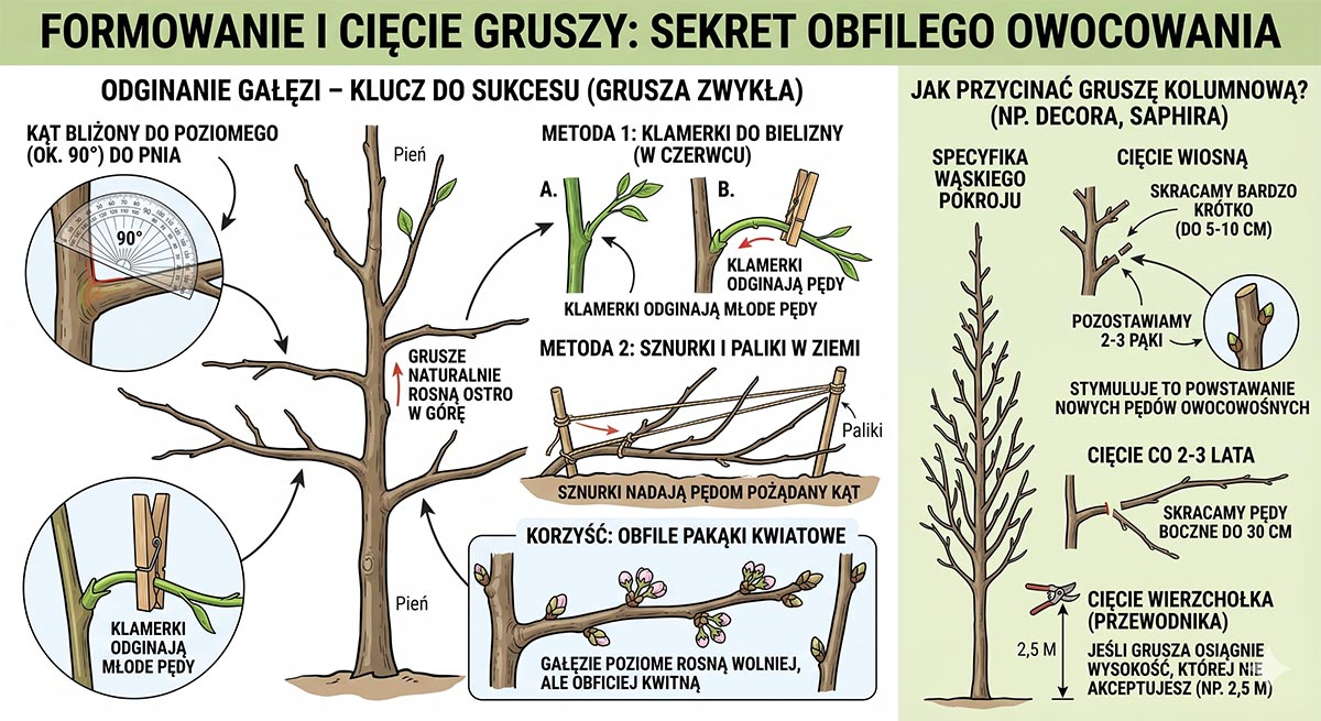 grafika schemat pokazujący harmnogram cięcia gruszy w całym sezonie, cięcie pędów nad pąkiem