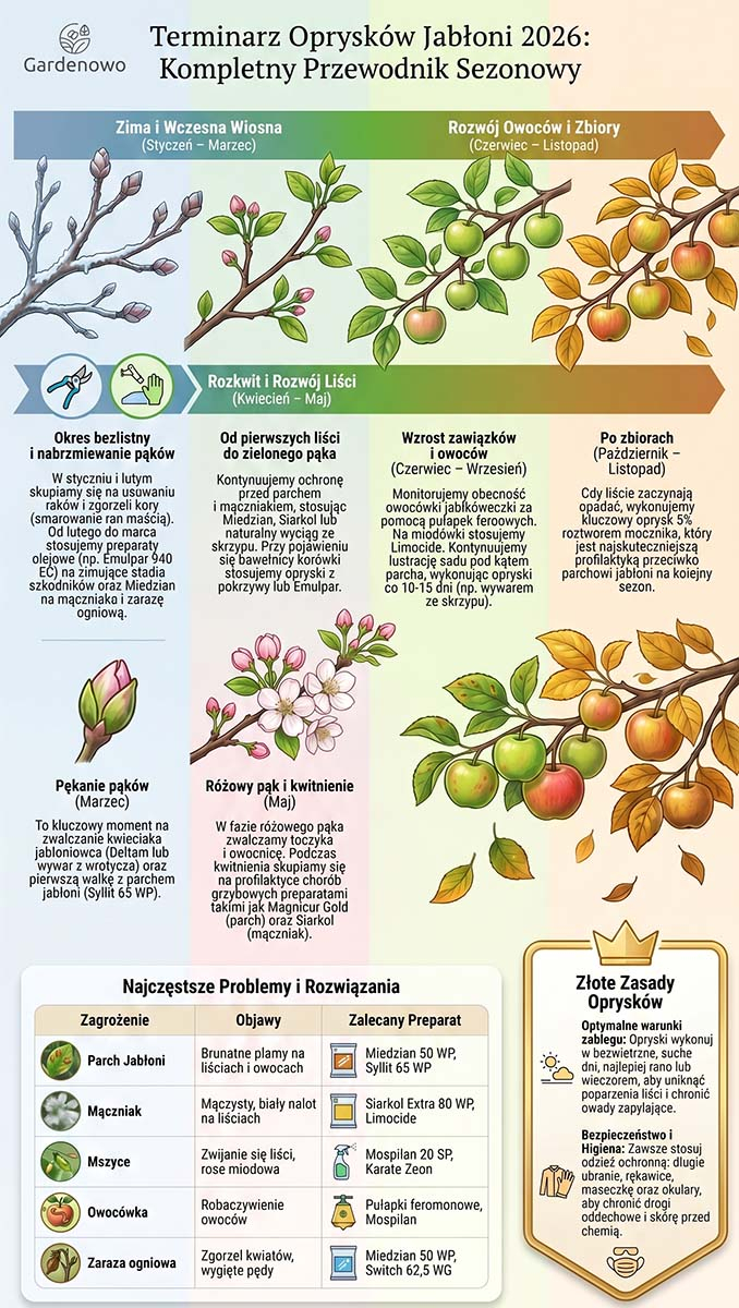 Kolorowa oś czasu z miesiącami od lutego do listopada wskazująca terminy poszczególnych oprysków jabłoni.