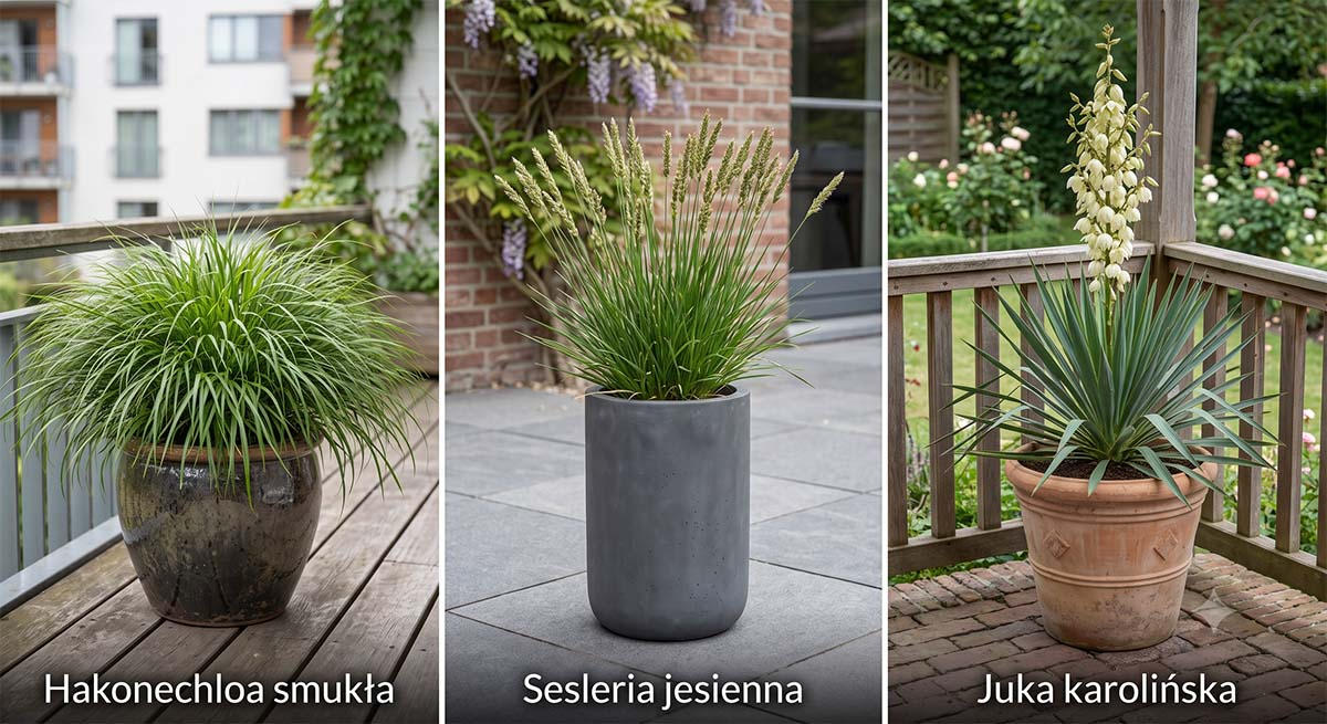 Hakonechloa, sesleria i juka karolińska w donicach na taras Zdjęcie podzielone pionowo na trzy równe części, prezentujące rośliny tarasowe w donicach. Od lewej: kępiasta, zielona trawa Hakonechloa smukła w ciemnej ceramicznej donicy; w środku: strzelista Sesleria jesienna z kłosami w szarym betonowym tubusie; od prawej: egzotyczna Juka karolińska z dużym, białym kwiatostanem w klasycznej terakotowej donicy.