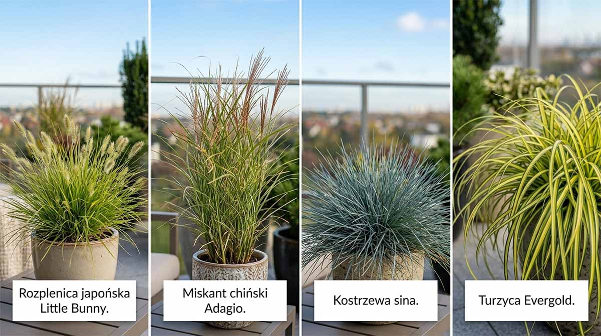 Mrozoodporne trawy ozdobne do donic całorocznych Kolaż czterech zdjęć przedstawiający trawy ozdobne do donic na taras całoroczne: rozplenicę japońską Little Bunny, miskanta chińskiego Adagio, kostrzewę siną oraz turzycę Evergold.