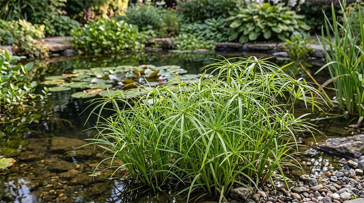 Turzyca muskegońska Kępa turzycy muskegońskiej (Carex muskingumensis) przypominającej małe palemki, rosnąca w kamienistym brzegu czystego oczka wodnego z liliami wodnymi w tle.