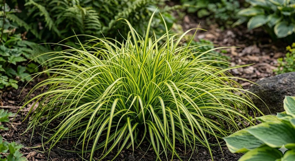 Turzyca oszimska Carex oshimensis Evergold - zbliżenie Gęsta, kępiasta turzyca oszimska odmiany Evergold o charakterystycznych żółto-zielonych liściach rosnąca na rabacie ogrodowej.