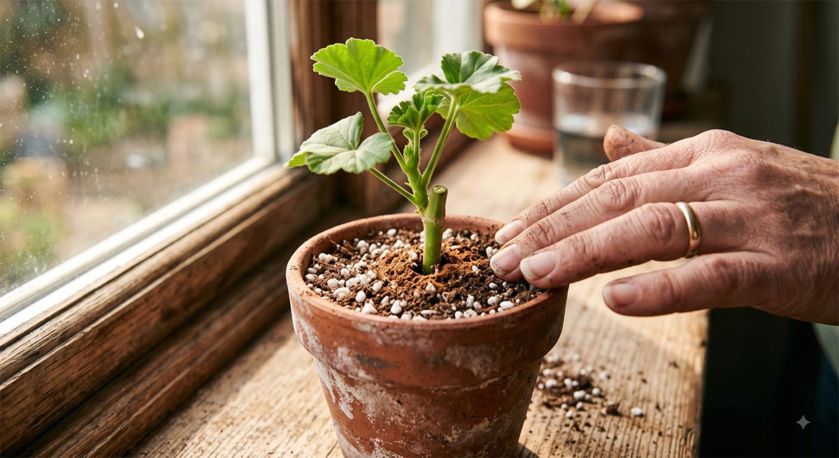 Sadzonka pelargonii posadzona w małej doniczce z lekkim podłożem, z widocznym cynamonem na łodydze.