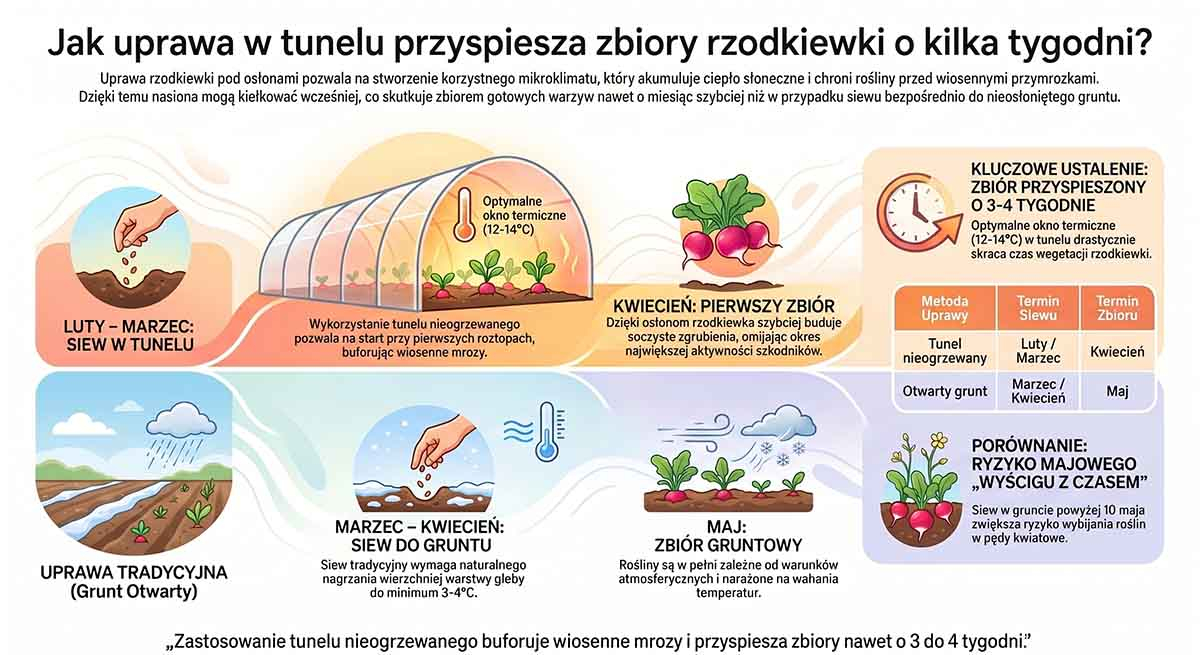 Jak uprawa w tunelu przyspiesza zbiory rzodkiewki o kilka tygodni? Oś czasu porównująca siew w tunelu (zaznaczony jako luty/marzec – zbiór w kwietniu) z tradycyjnym siewem do otwartego gruntu (marzec/kwiecień – zbiór w maju).