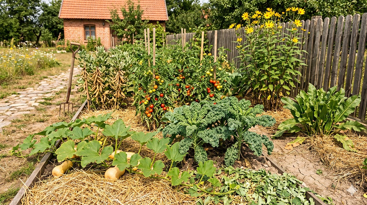 Przydomowy ogród warzywny w upalne lato z widocznymi warzywami odpornymi na suszę, takimi jak jarmuż, pomidory koktajlowe, dynie i topinambur, rosnącymi na zagonach wyściółkowanych słomą przy drewnianym płocie i ceglanym domu