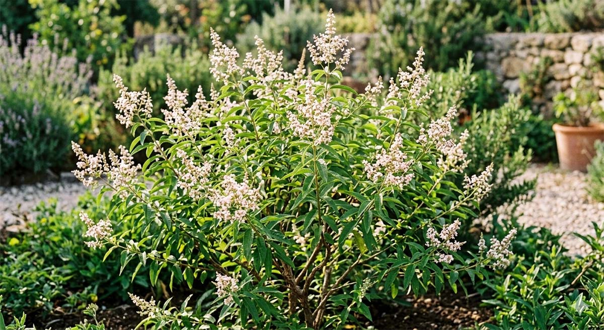 Zbliżenie na kwitnącą werbenę cytrynową (Lippia trójlistna) z gęstymi skupiskami małych, białych kwiatów i lancetowatymi liśćmi, rosnącą w słonecznym miejscu w doniczce