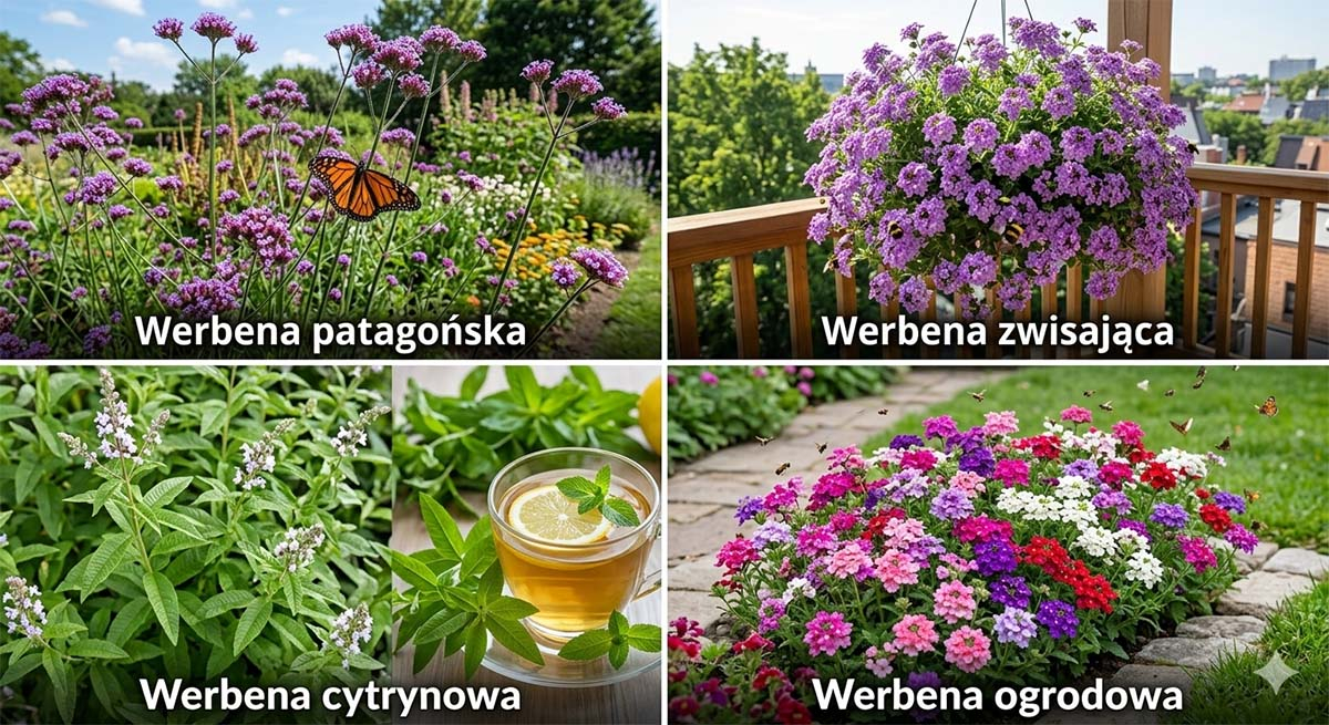 Porównanie czterech głównych rodzajów werbeny: patagońskiej, zwisającej, cytrynowej i ogrodowej na jednym zdjęciu