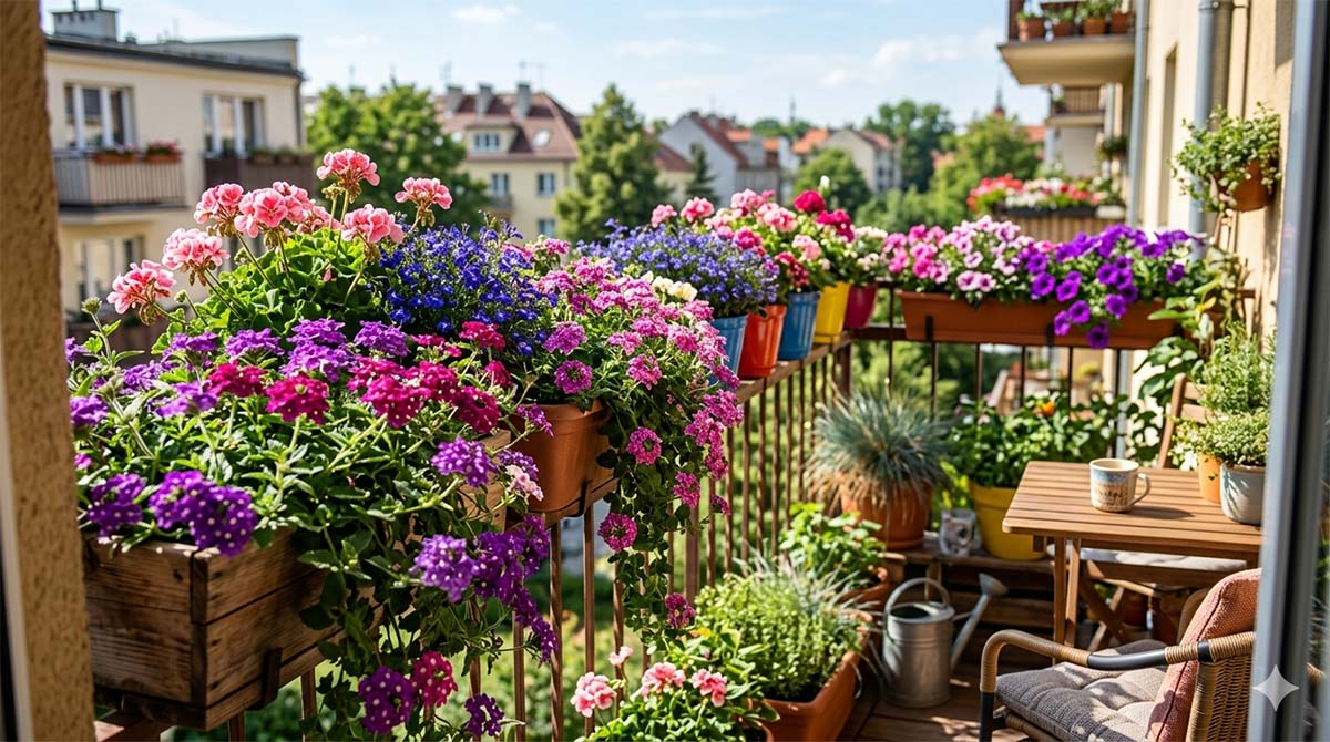 Słoneczny balkon z gęstymi kaskadami kwiatów w skrzynkach. Na pierwszym planie fioletowa werbena zwisająca w drewnianej donicy, obok różowe pelargonie i niebieskie petunie