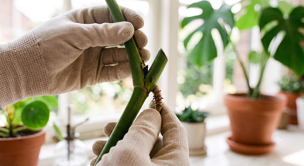 Anatomia monstery - widoczny węzeł i korzeń powietrzny do cięcia Zbliżenie na łodygę monstery wskazujące zgrubiały węzeł i brązowy korzeń powietrzny przygotowane do odcięcia
