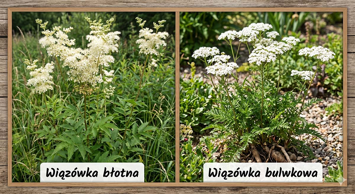 Porównanie odmian: Wiązówka błotna vs Wiązówka bulwkowa Zestawienie dwóch odmian rośliny: po lewej wiązówka błotna o puszystych, kremowych kwiatostanach, po prawej wiązówka bulwkowa z mocno powcinanymi liśćmi przypominającymi paprocie