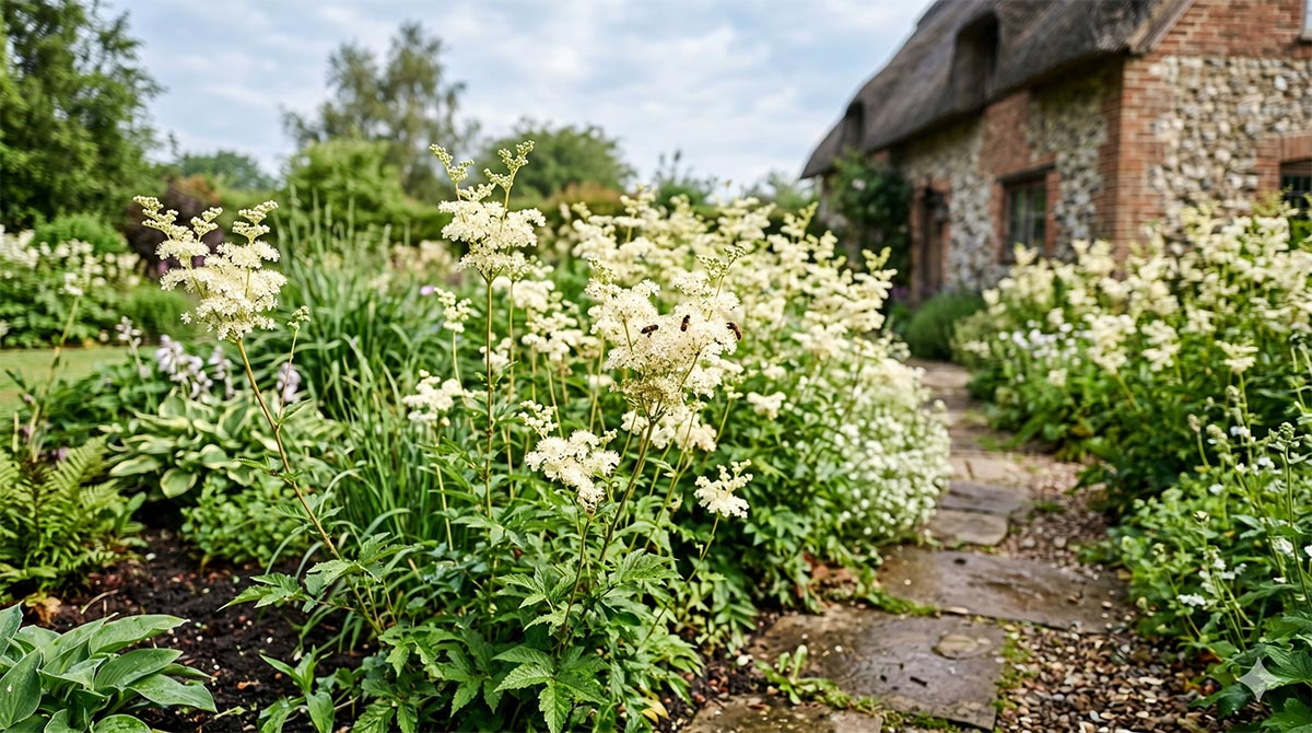 iązówka błotna (Filipendula ulmaria) uprawiana w ogrodzie rustykalnym Kwitnąca wiązówka błotna o kremowobiałych puszystych kwiatach rosnąca przy ścieżce w wilgotnym ogrodzie przydomowym.