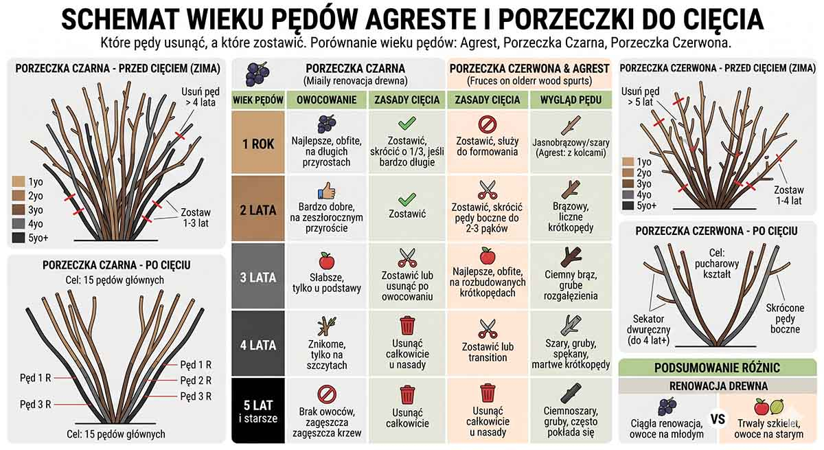 Schemat wieku pędów agrestu i porzeczki do cięcia