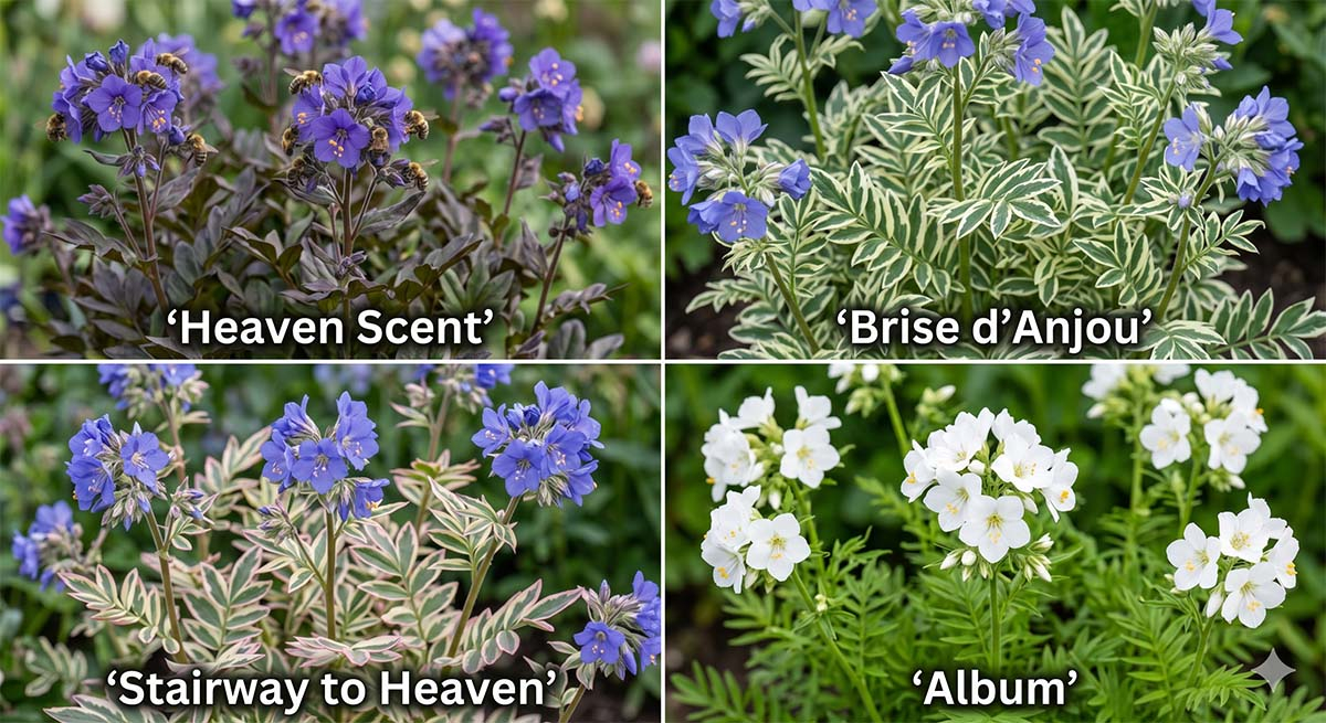 Kolaż przedstawiający cztery odmiany wielosiłu błękitnego: Heaven Scent o ciemnych liściach, Brise d'Anjou o biało-zielonych liściach, Stairway to Heaven z różowym marginesem oraz biało kwitnący Album