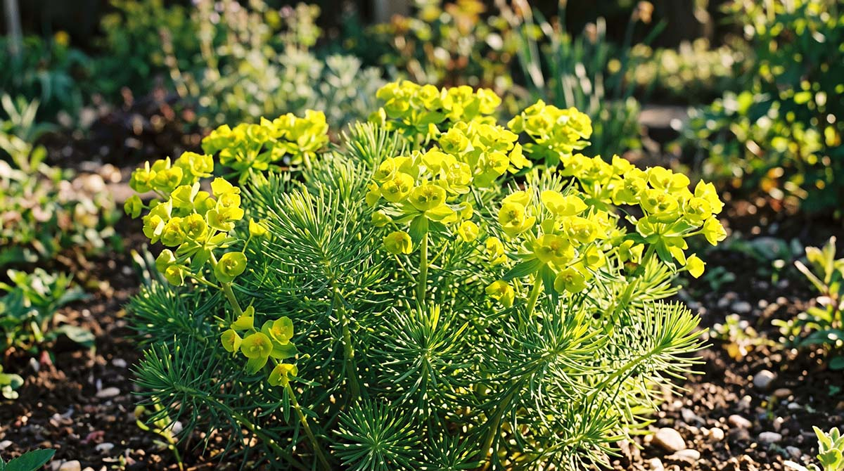 Kwitnący wilczomlecz sosnka - roślina ozdobna i ekspansywny chwast ogrodowy Wilczomlecz sosnka (Euphorbia cyparissias) z żółto-zielonymi kwiatostanami i igiełkowatymi liśćmi rosnący na rabacie w ogrodzie