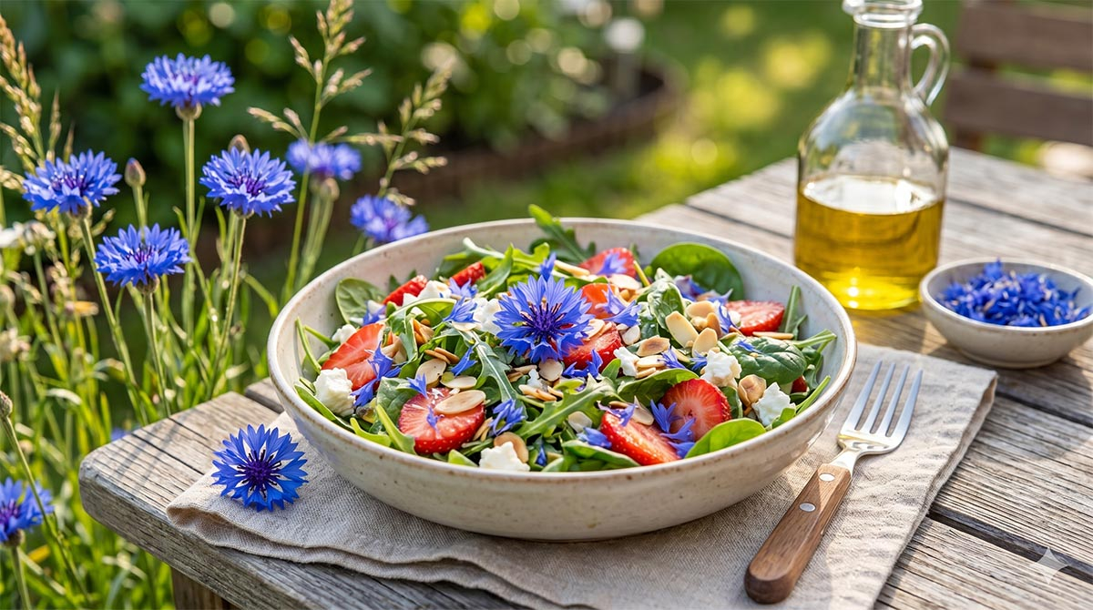 Letnia sałatka z chabrem bławatkiem, jadalne kwiaty