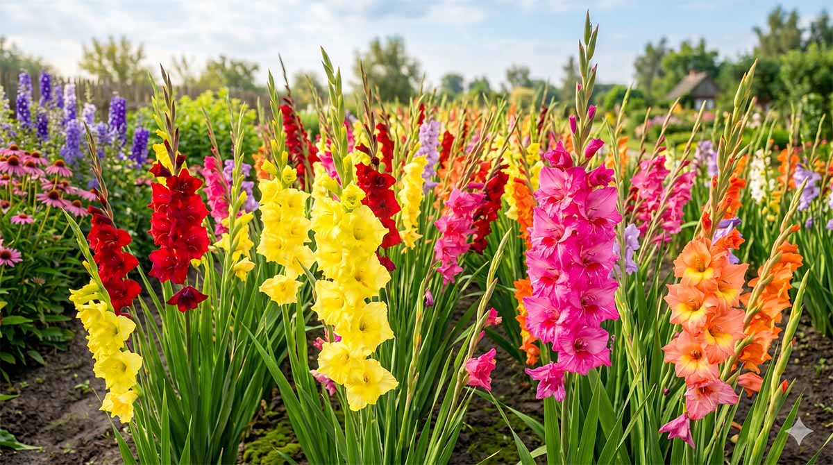 Kwitnące mieczyki w ogrodzie - zbliżenie na wielobarwne, wysokie kłosy gladioli w kolorach różowym, żółtym, czerwonym i pomarańczowym.
