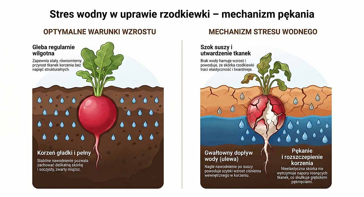 Schemat graficzny pokazujący dwa przekroje gleby. Po lewej gleba regularnie wilgotna, w której korzeń rzodkiewki jest gładki i pełny. Po prawej gleba zaszokowana suszą a potem ulewą, gdzie korzeń gwałtownie pęka i rozszczepia się na pół.
