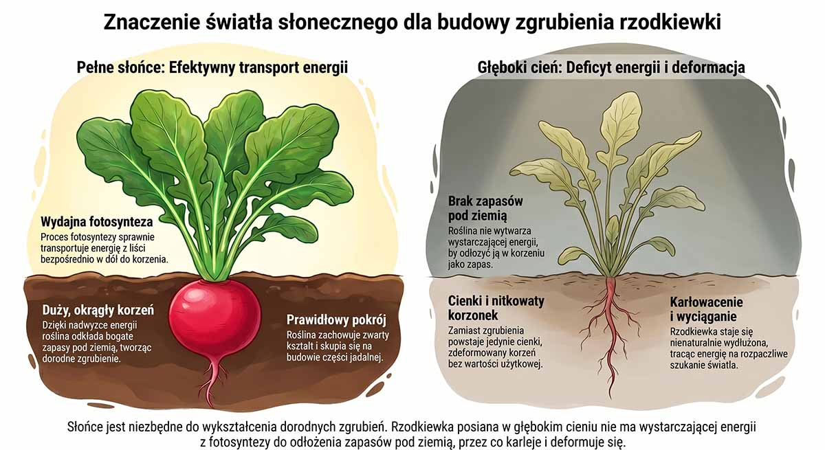 Znaczenie światła słonecznego dla budowy zgrubienia rzodkiewki Schemat graficzny pokazujący dwie rzodkiewki. Lewa rośnie w pełnym słońcu i ma duży, okrągły korzeń (proces fotosyntezy transportuje energię w dół). Prawa rośnie w cieniu, jest wyciągnięta i posiada jedynie cienki korzonek.