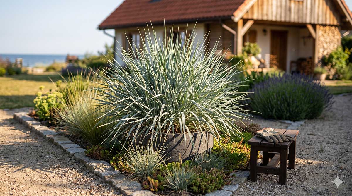 Wydmuchrzyca piaskowa Blue Dune w donicy Niebieska trawa ozdobna wydmuchrzyca piaskowa Blue Dune uprawiana w dużej donicy na żwirowej rabacie.