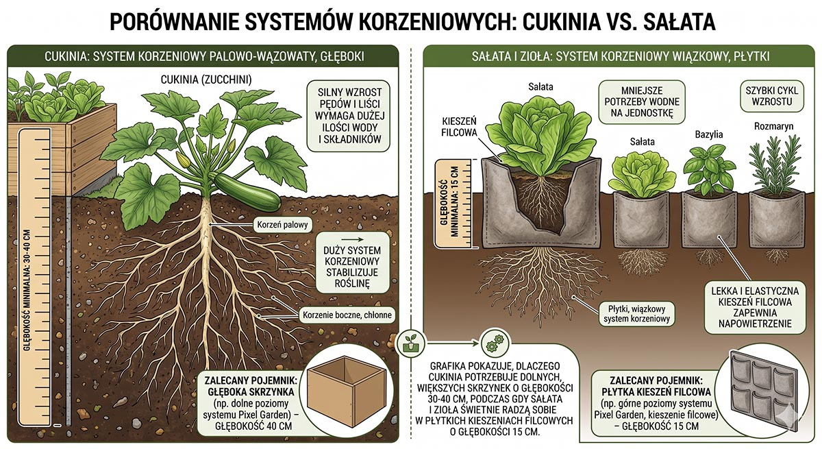 Ilustracja porównująca głęboki system korzeniowy cukinii w donicy 40cm oraz płytkie korzenie sałaty i ziół w kieszeni filcowej 15cm.