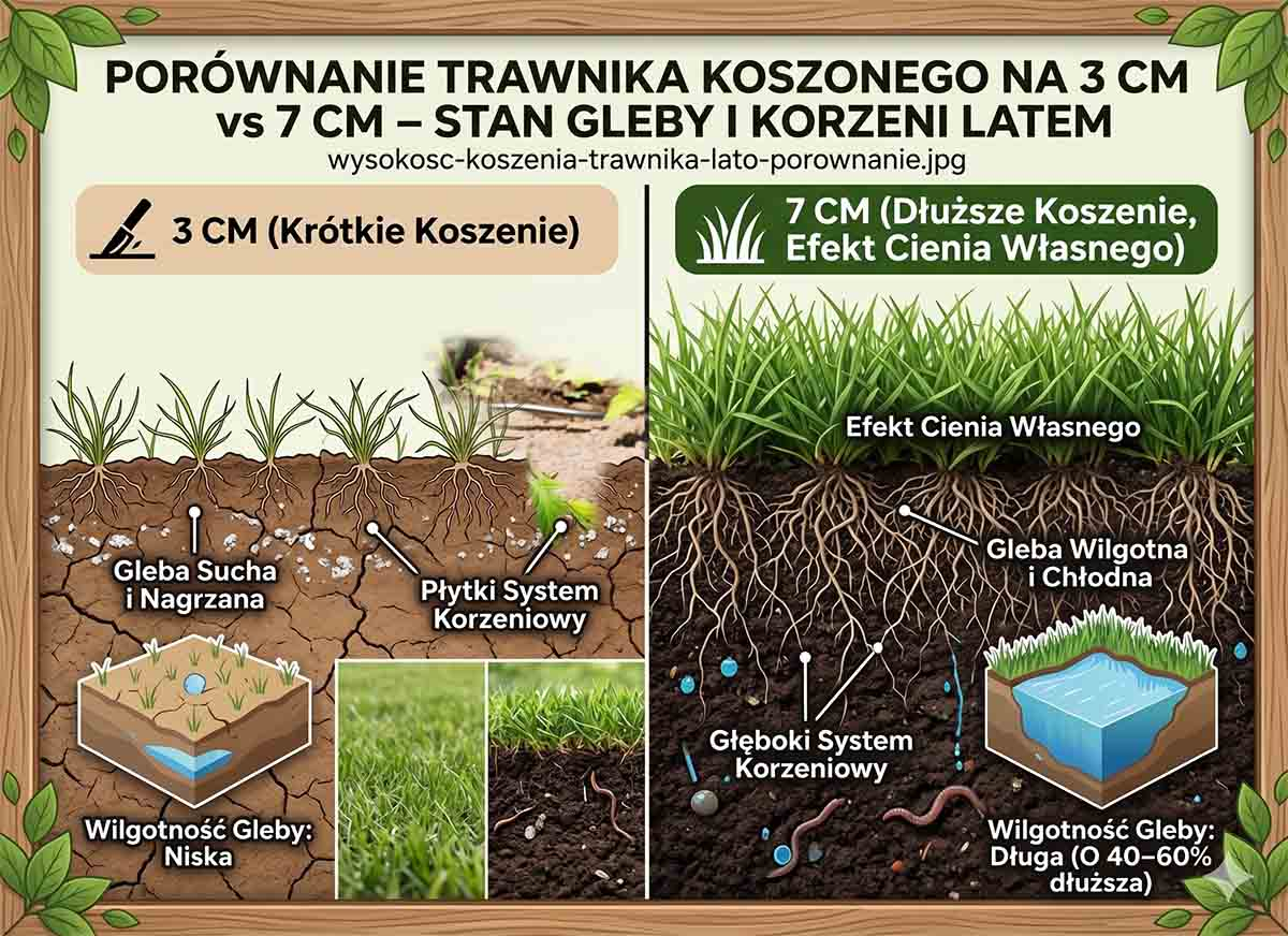 Wysokość koszenia trawnika latem - porównanie 3 cm vs 7 cm Porównanie trawnika koszonego na 3 cm vs 7 cm - stan gleby i korzeni latem