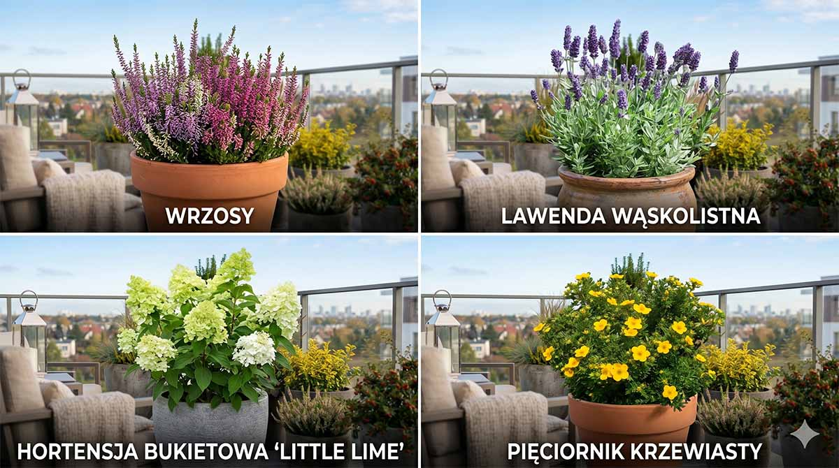 Kwitnące i wytrzymałe krzewy wieloletnie do donic tarasowych Kolaż czterech zdjęć prezentujący wytrzymałe kwiaty na balkon i taras całoroczny w donicach: fioletowe wrzosy, lawenda wąskolistna, hortensja bukietowa Little Lime oraz żółty pięciornik krzewiasty.