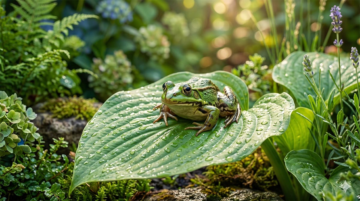 Żaba w ogrodzie - naturalny sposób na szkodniki Zielona żaba siedząca na dużym, wilgotnym liściu funkii w otoczeniu ogrodowych roślin i lawendy.