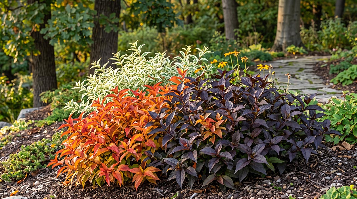 Kolorowe liście zadrzewni w jesiennym słońcu Zadrzewnia 'Kodiak Orange' i 'Kodiak Black' jesienią w ogrodzie