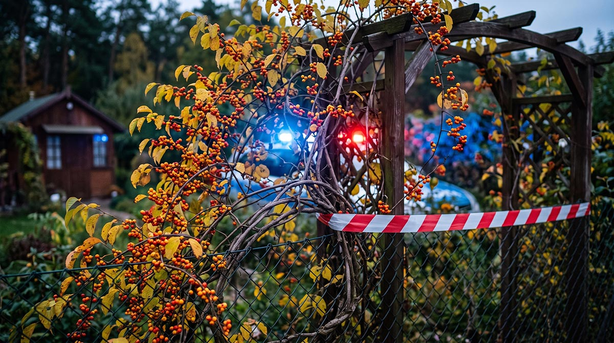 Zakazana roślina w ogrodzie - interwencja służb Fotorealistyczne zdjęcie interwencji służb w ogrodzie przy płocie porośniętym zakazanym pnączem dławisza okrągłolistnego; gloved hand nakłada czerwoną taśmę ostrzegawczą, w tle migające niebieskie światła policji.