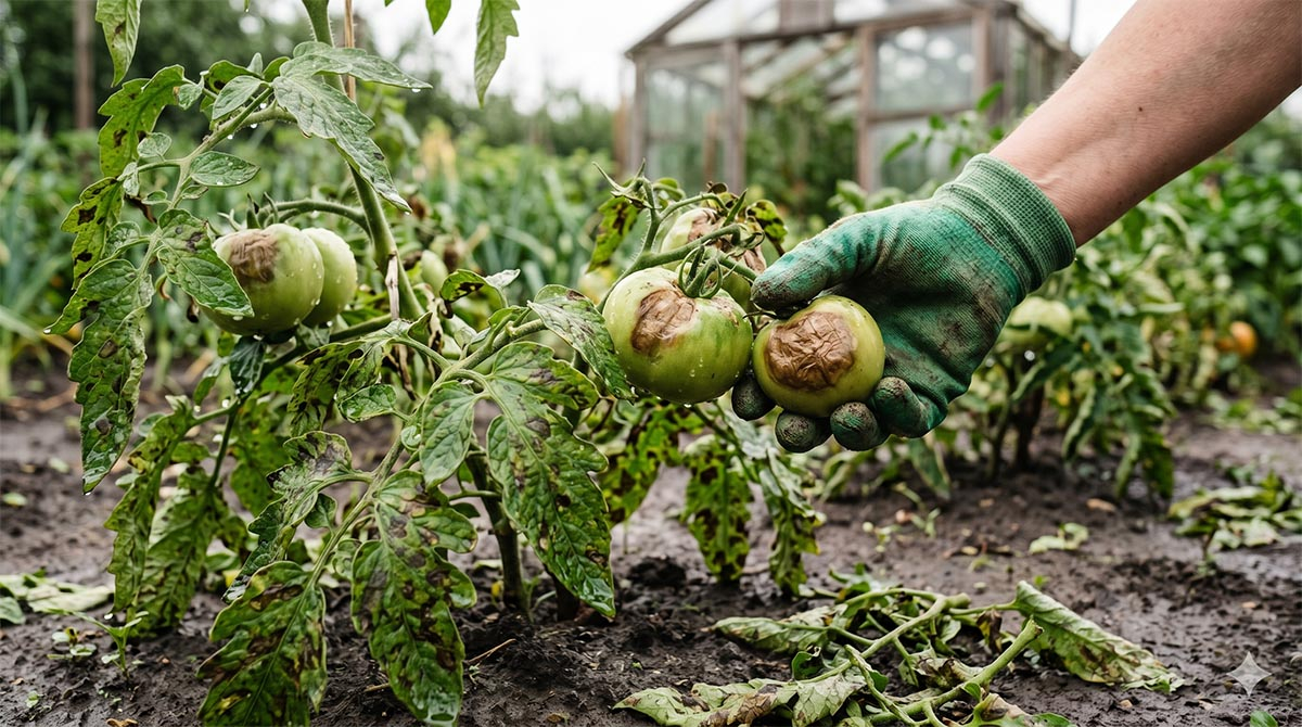 Objawy zarazy ziemniaczanej na pomidorach w ogrodzie Ogrodnik w zielonej rękawicy pokazuje zielone pomidory zaatakowane przez zarazę ziemniaczaną, z widocznymi brązowymi plamami na liściach i owocach po deszczu.