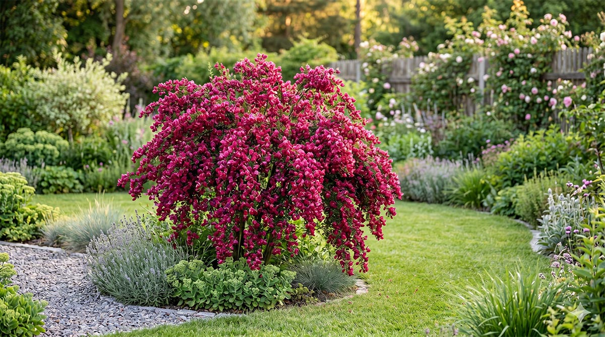 Kwitnący krzew żarnowiec o intensywnie rubinowych kwiatach posadzony jako soliter na zadbanym trawniku w słonecznym ogrodzie.