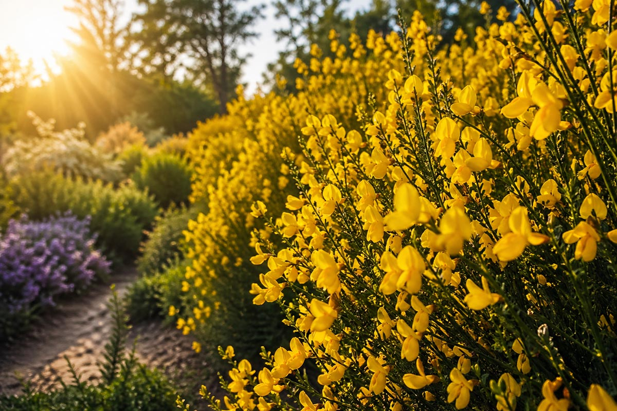 Kwitnący żarnowiec w ogrodzie w pełnym słońcu z intensywnie żółtymi kwiatami