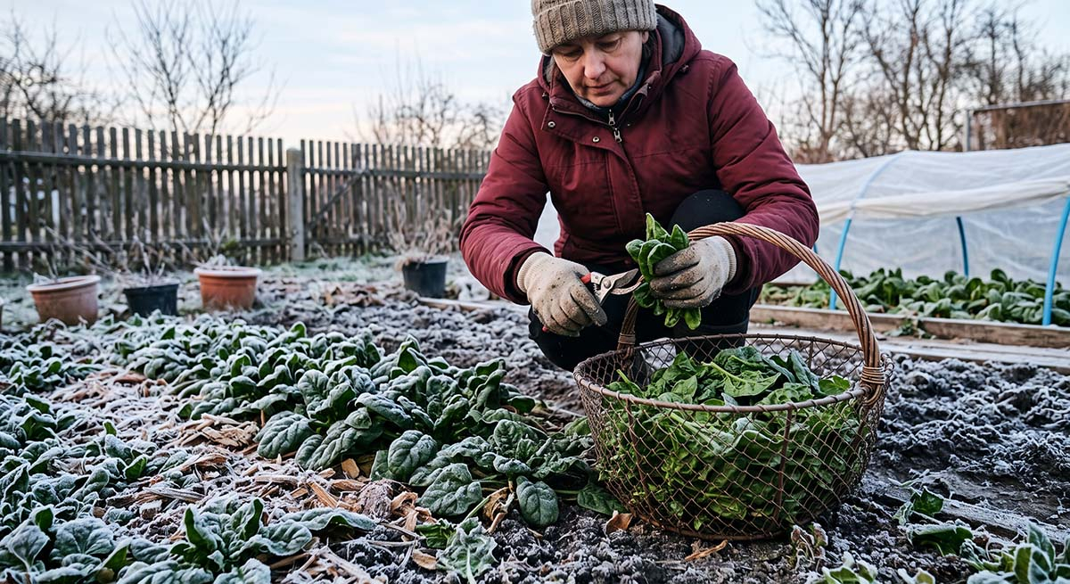 Kobieta w rękawicach ogrodniczych i czapce zbiera świeże liście mrozoodpornego szpinaku ozimego do koszyka w zaśnieżonym ogrodzie w Polsce.