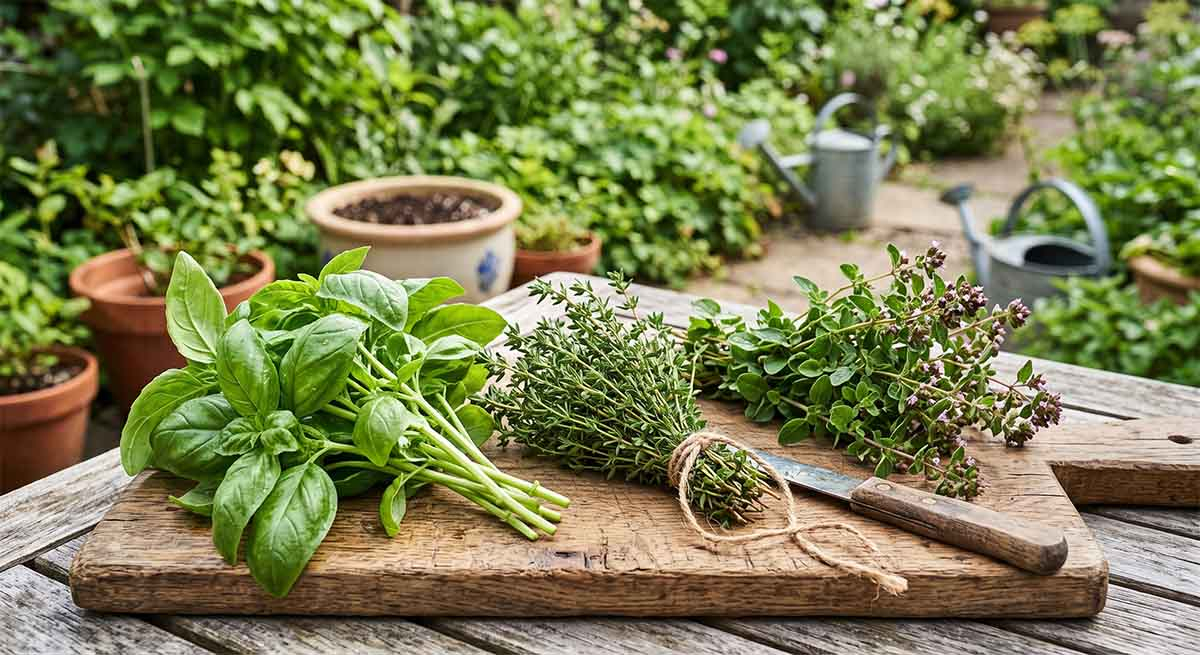 zbiór ziół z ogrodu - bazylia, tymianek i oregano na desce