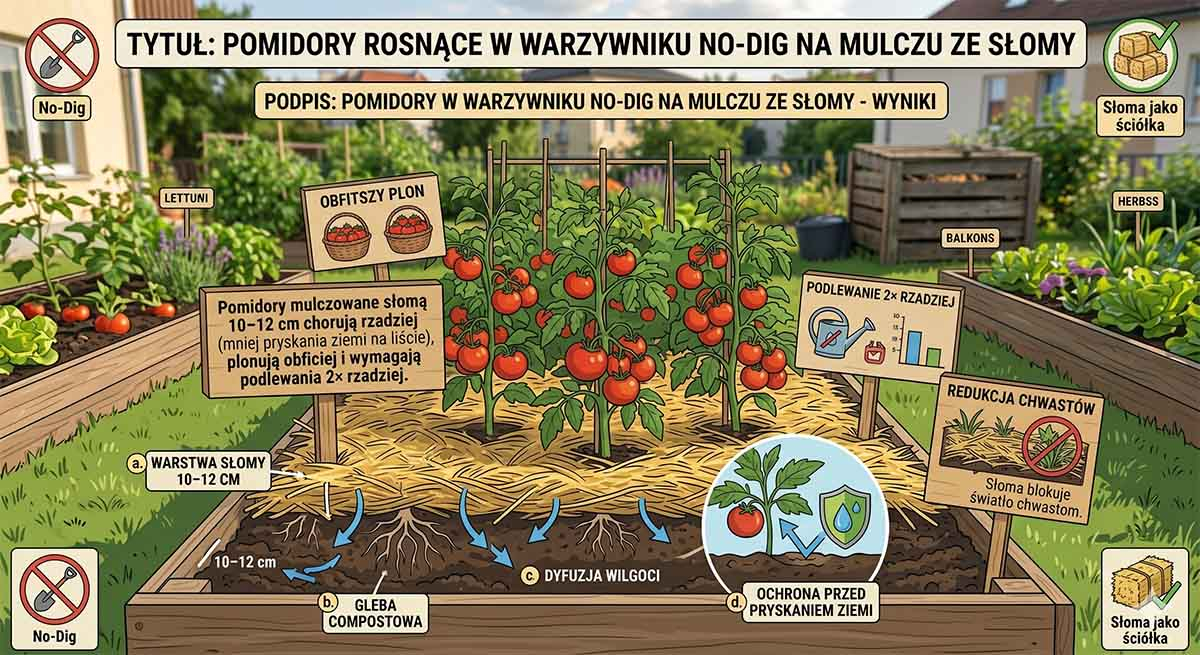Pomidory w warzywnikowi No-Dig na mulczu ze słomy - wyniki Pomidory rosnące w warzywnikowi No-Dig na mulczu ze słomy