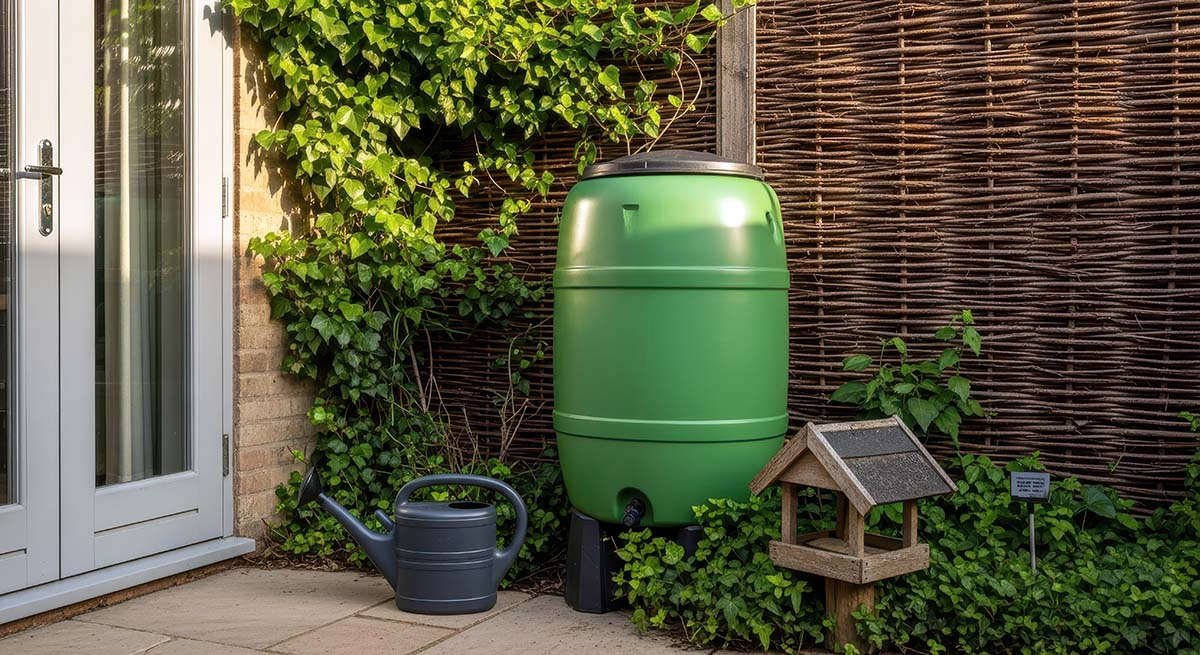 Zbiornik na deszczówkę podłączony do systemu kropelkowego DIY.