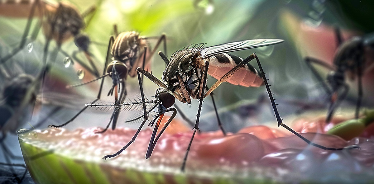 makro zblizenie na trzy jedzace komary duzo szczegolow