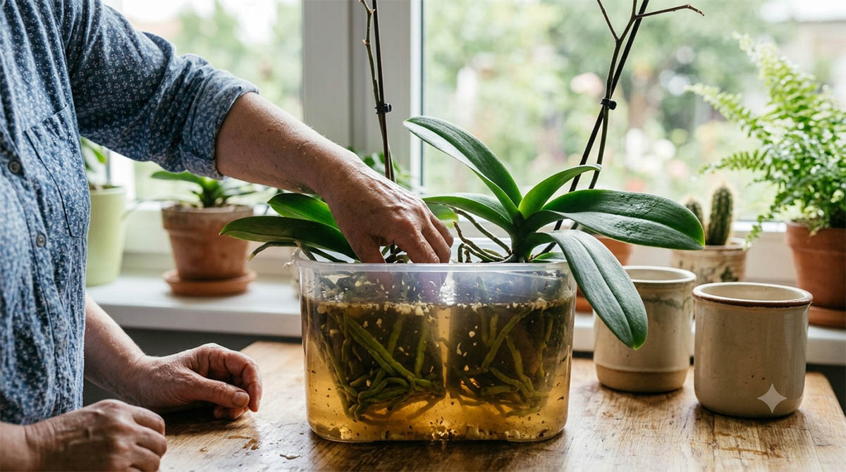 Zbliżenie na zdrowe, zielone korzenie storczyka Phalaenopsis w przezroczystej doniczce podczas domowej kąpieli odżywczej.