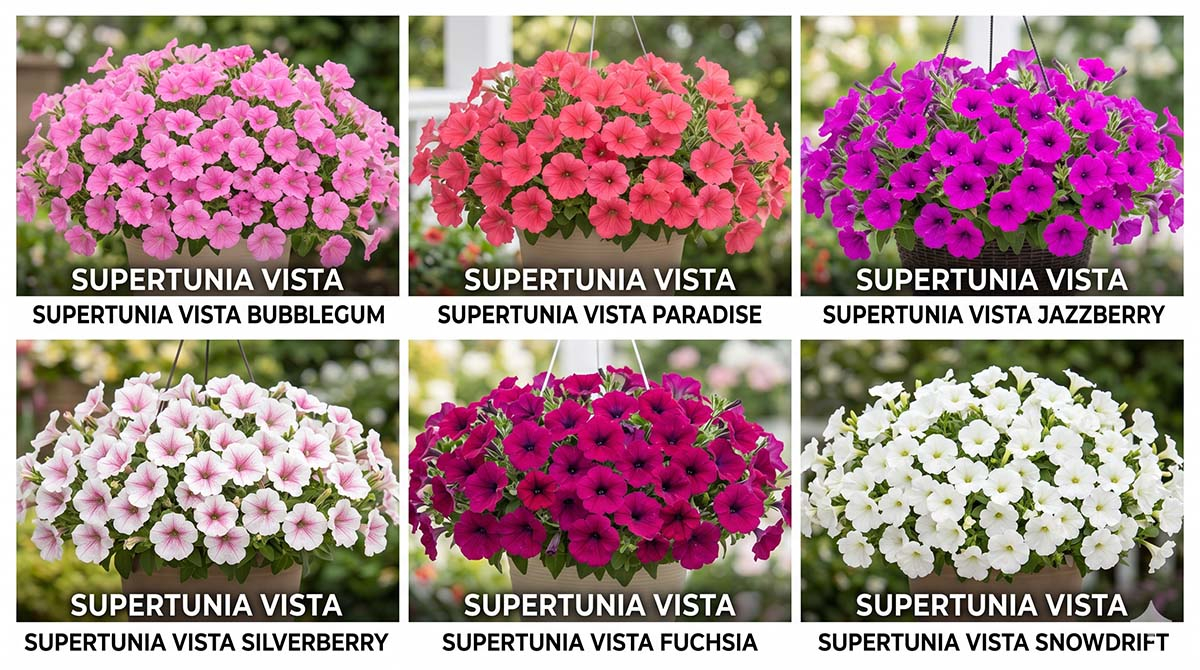 Infografika przedstawiająca 6 odmian Supertunii Vista: Bubblegum, Paradise, Jazzberry, Silverberry, Fuchsia oraz Snowdrift z podpisami.