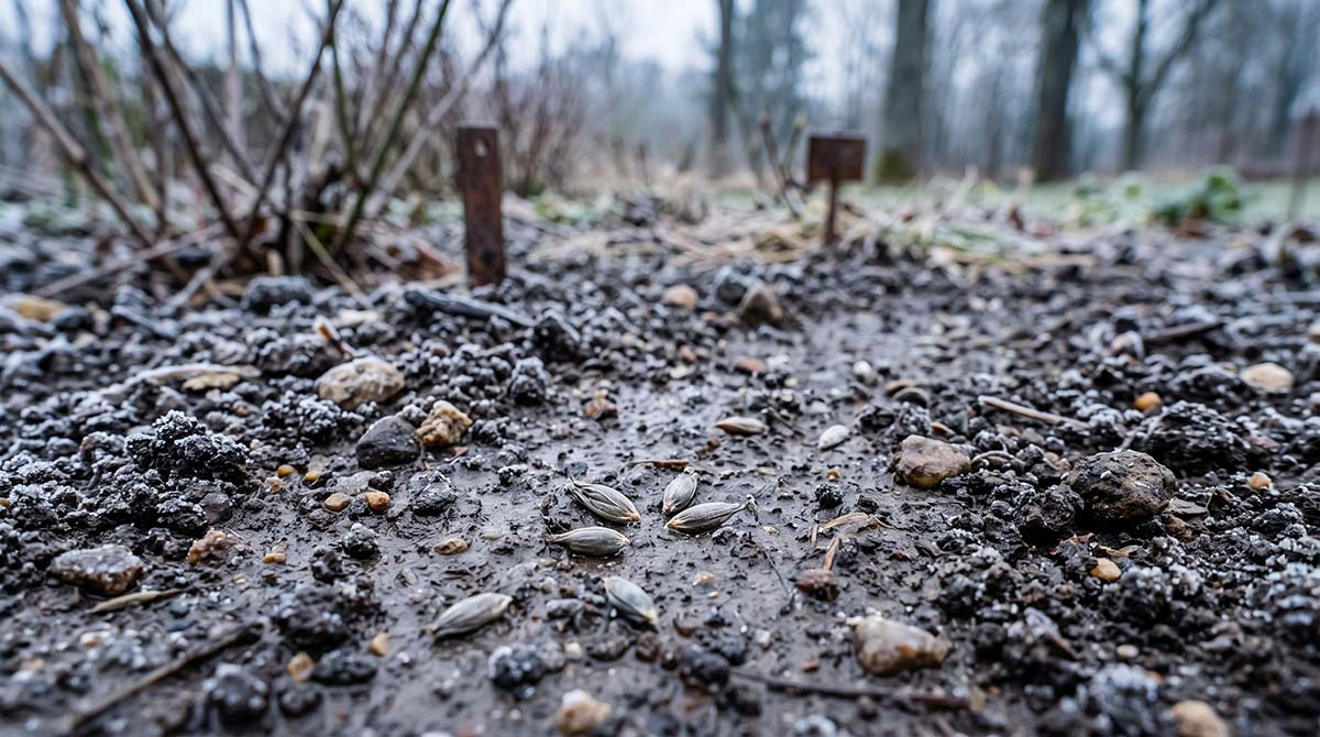 Zbliżenie na zimną, mokrą i oszronioną glebę w ogrodzie w marcu, na której leżą niekiełkujące nasiona trawy.