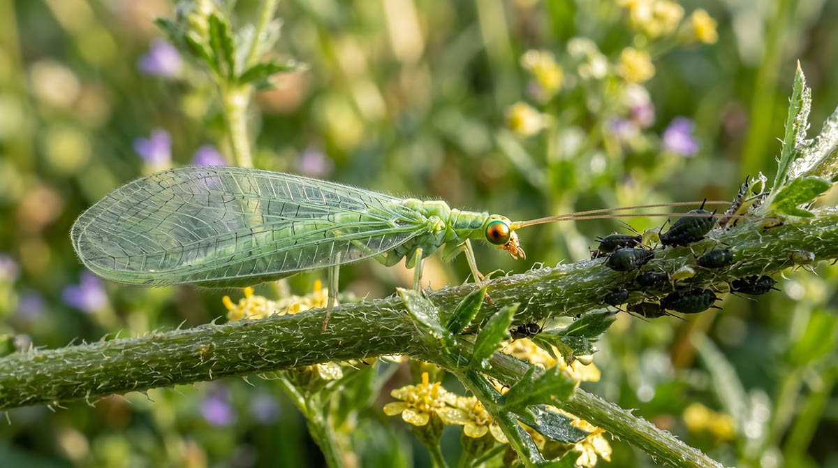 Złotook w ogrodzie - naturalne zwalczanie mszyc Drapieżna larwa złotooka (Chrysoperla carnea) zjada mszyce na zielonej gałązce rośliny ogrodowej w powiększeniu makro.