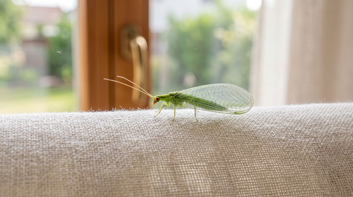 Złotook w domu – czy to szkodnik? Makro zbliżenie dorosłego złotooka pospolitego (Chrysoperla carnea) o seledynowym ciele i złotych oczach, siedzącego wewnątrz domu.