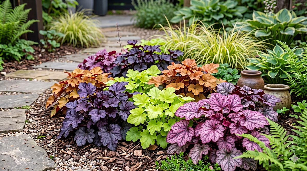 Nowoczesna kompozycja żurawek ogrodowych (Heuchera) w różnych odmianach kolorowych: purpurowe, bordowe, seledynowe i pomarańczowe liście posadzone wzdłuż ścieżki z kamiennych płyt w cienistym zakątku ogrodu.