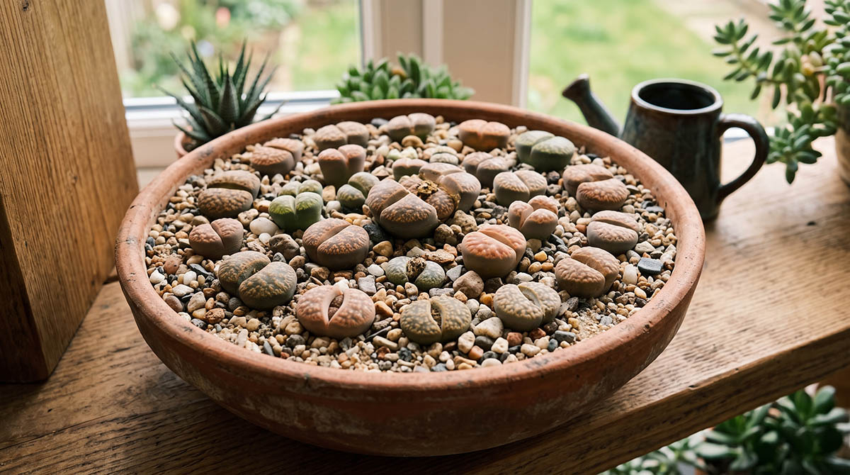 Żywe kamienie - sukulenty Lithops w glinianej donicy na słonecznym parapecie Kolekcja żywych kamieni (Lithops) o różnych barwach rosnąca w płytkiej glinianej misie z żwirowym podłożem na parapecie.