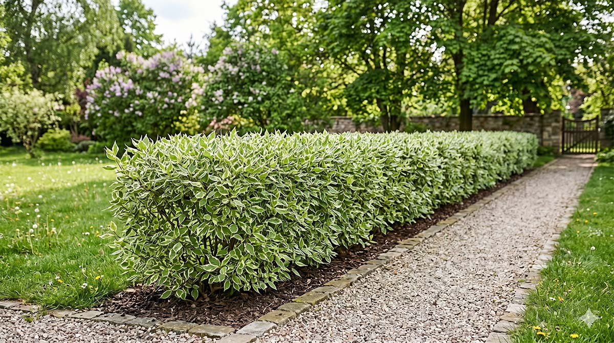 Niski, formowany żywopłot z derenia białego Elegantissima Gęsty, niski żywopłot z derenia białego Elegantissima o charakterystycznych, zielono-białych liściach, posadzony wzdłuż żwirowej ścieżki w ogrodzie.